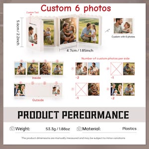 May include: A white, foldable, block-style photo frame designed for 6 custom photos. It measures 5.6 cm / 2.2 inches in height and 4.7 cm / 1.85 inches in width. The frame features a modular construction, displaying various family photos and text.