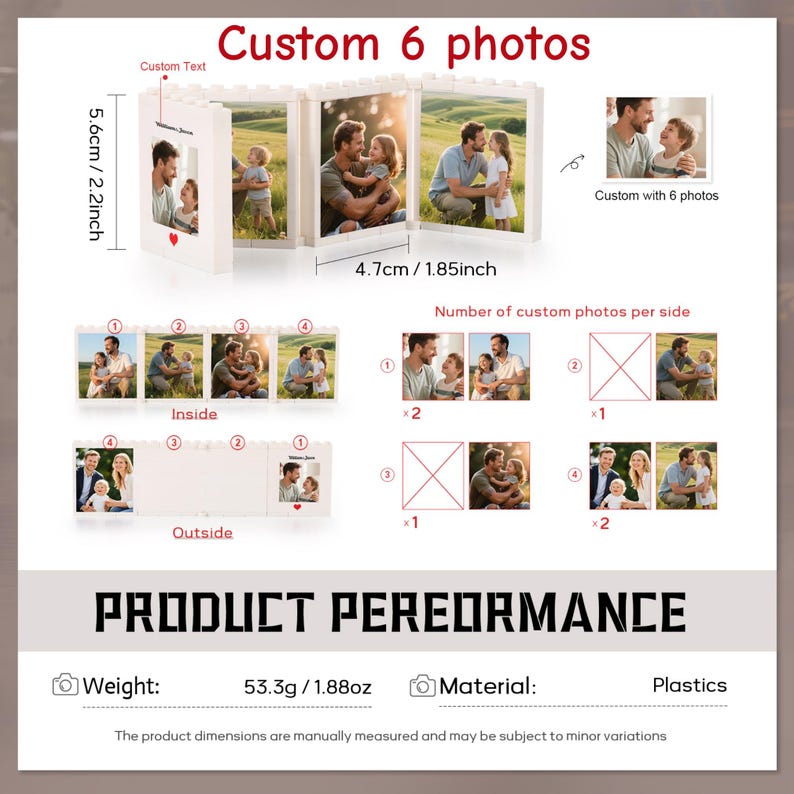 May include: A white, foldable, block-style photo frame designed for 6 custom photos. It measures 5.6 cm / 2.2 inches in height and 4.7 cm / 1.85 inches in width. The frame features a modular construction, displaying various family photos and text.