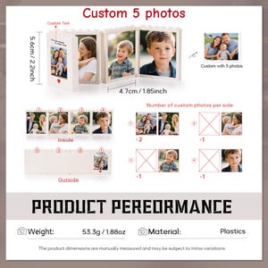 May include: A white, foldable, brick-style photo frame display featuring five customizable photo slots. The frame measures 5.6 cm (2.2 inches) in height and 4.7 cm (1.85 inches) in width per panel. It weighs 53.3g (1.88 ounces) and is made of plastic.