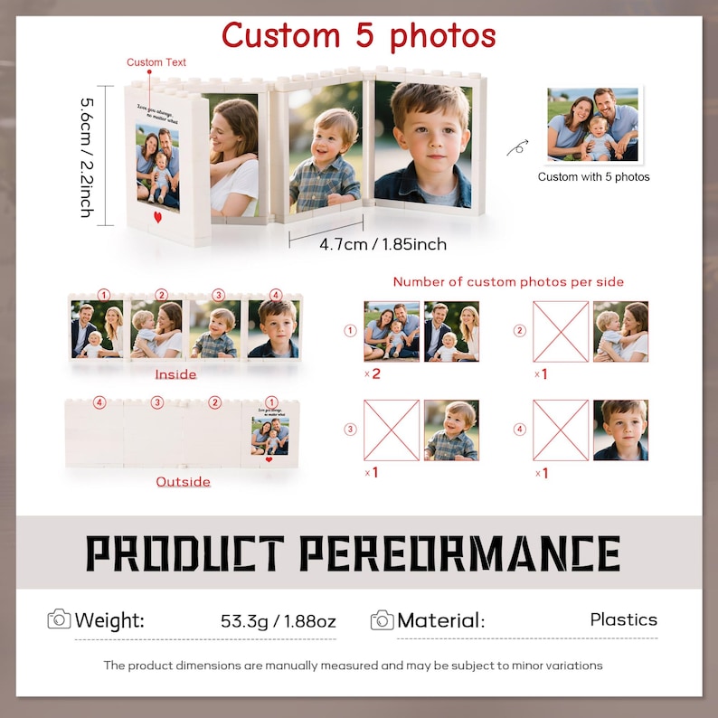 May include: A white, foldable, brick-style photo frame display featuring five customizable photo slots. The frame measures 5.6 cm (2.2 inches) in height and 4.7 cm (1.85 inches) in width per panel. It weighs 53.3g (1.88 ounces) and is made of plastic.