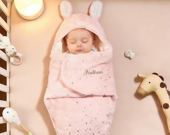 Baby Schlafsack mit Namen, personalisierte Kaninchen Ohren Flanell Swaddle, gemütliches Neugeborenen Geschenk für Fotoshooting, Neugeborenen Baby Geschenk neue Mutter