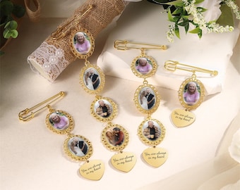 Adorno personalizado para ramo de novia con foto, pin conmemorativo