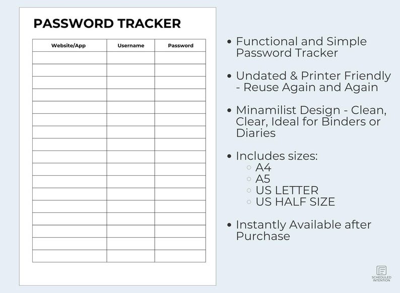 Password Points Password Tracker Printable | A4, A5, US Letter US Half Size PDF ...