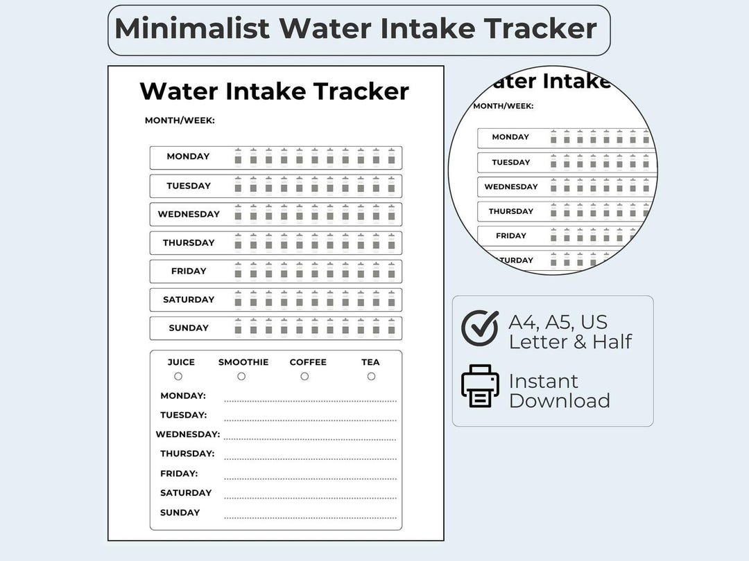 Water Tracker Printable | A4, A5, US Letter & Half PDF | Daily ...