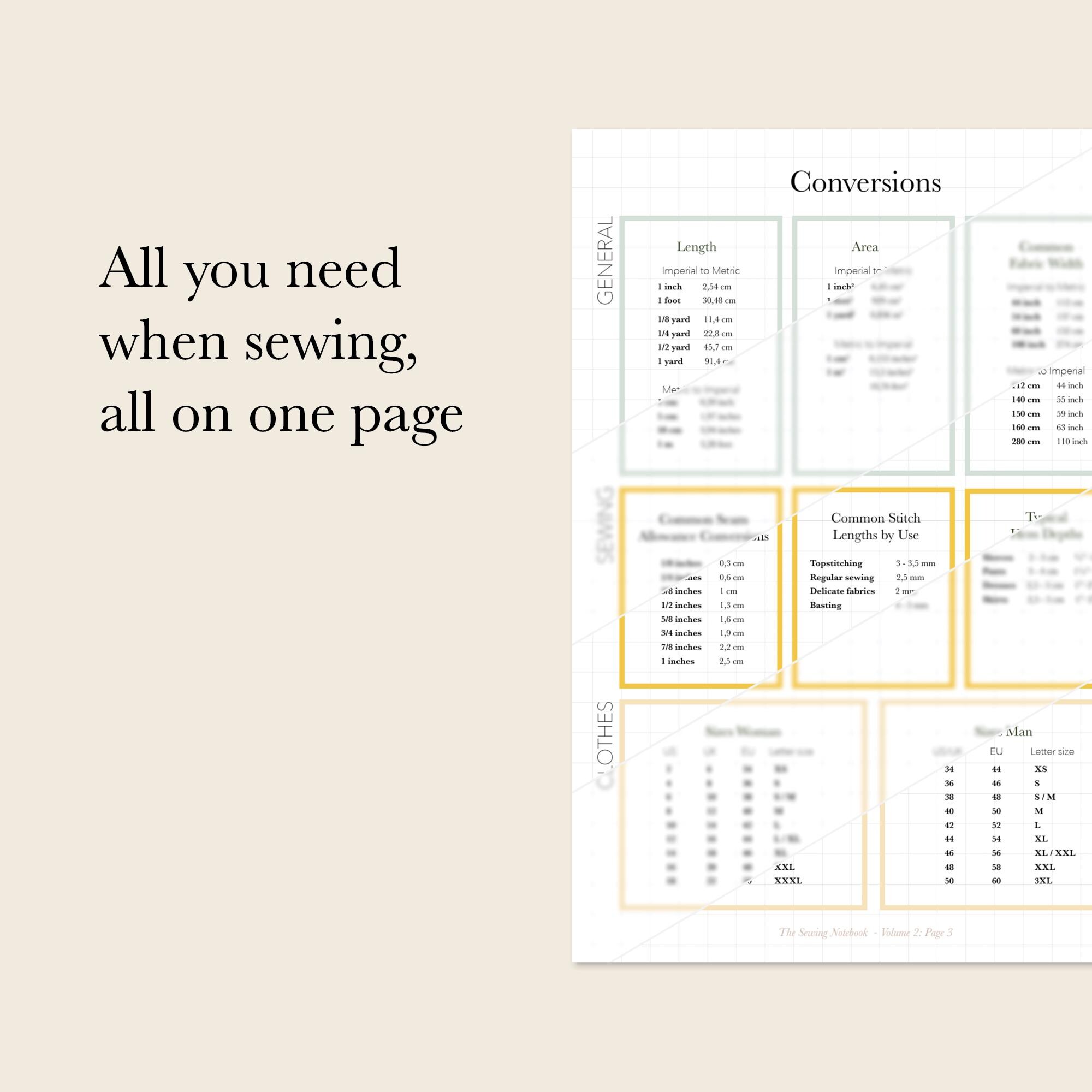Printable Conversion Chart For Sewing Sewing Conversions Cheat Sheet - - Etsy