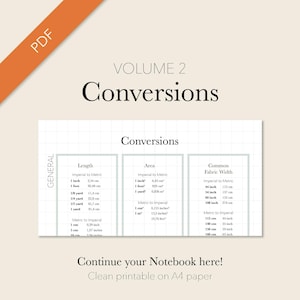 May include: A printable PDF document titled "VOLUME 2 Conversions." The document features conversion charts for length, area, and fabric width, including imperial to metric and metric to imperial measurements. The document includes measurements such as 1 inch = 2.54 cm.