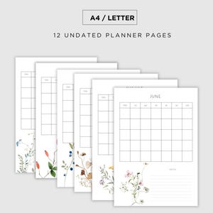 Planificador mensual floral imprimible – Sin fecha, tamaño A4 y carta (PDF) / 12 páginas de calendario botánico / Inicio en domingo y lunes / Diseño minimalista