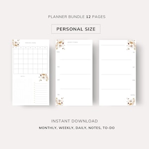 Może przedstawiać: Zestaw planerów z 12 stronami, zawierający układy miesięczne, tygodniowe i dzienne, a także sekcje notatek i zadań. Strony są białe z kwiatowymi akcentami w rogach i tekstem "Planner Bundle 12 Pages", "Personal Size" i "Instant Download".