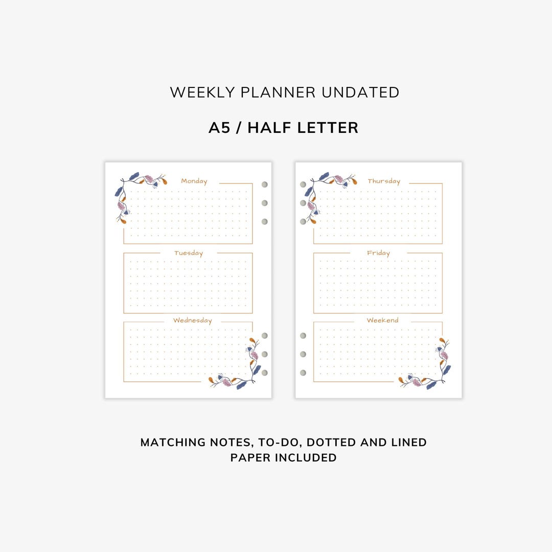 Undated Weekly Schedule Printable | A5 and Half Letter Planner Inserts ...