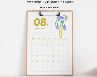 May include: A 2026 monthly planner with 12 pages, starting on Monday and Sunday. The August page features a yellow "08" and floral illustration. The calendar is held by a wooden clipboard.