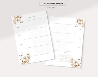 Planerare med insatser - Månads-, vecko-, dags-, vanespårnings- och anteckningssidor, mån- och sönstart, utskrivbar planerare A5, odaterad, blommor