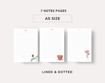 A5 Notes Pages Printable | Lined & Dotted Templates | 7 Illustrated Planner Inserts | A5 Stationery | Floral Notepaper | Digital Download