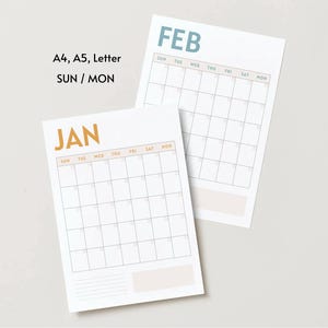 Calendario sin fecha, Planificador mensual A4, A5, Carta, Calendario perpetuo imprimible, Inserto para carpeta A5, Inicio en domingo y lunes, Calendario atemporal
