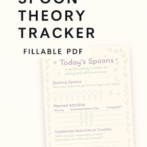 May include: A printable Spoon Theory Tracker in PDF format. The design features the text "PRINTABLE SPOON THEORY TRACKER" in bold black letters. The tracker includes sections for "Today's Spoons", "Starting Spoons", "Planned Activities", and "Reflection Prompts".