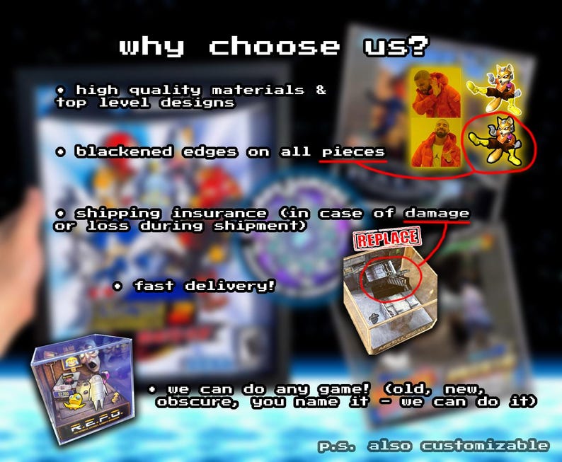 May include: Image with text: "why choose us?" and bullet points about high quality materials, blackened edges, shipping insurance, and fast delivery. Also shows a customizable game display with cartoon characters.