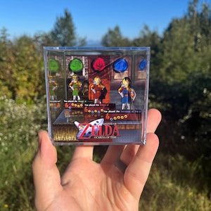 Puede incluir: Una vitrina de acrílico transparente con personajes del videojuego "The Legend of Zelda: Ocarina of Time". La vitrina incluye el logotipo y el texto del juego, con tres figuras de personajes y notas musicales. El fondo es una vista panorámica al aire libre.