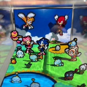 May include: A diorama featuring pixelated characters from the Sonic the Hedgehog video game series. The scene includes Sonic, Tails, Knuckles, Amy Rose, and various Chao characters, set against a backdrop of a blue sky and green landscape. The word "TINY" is visible.