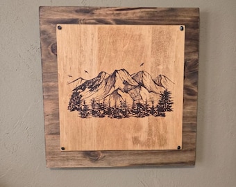 Mountains & Trees Pyrography Wall Art with Frame, Handmade