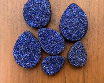 Blue Druzy Quartz Pear Cabochons, Sparkling Crystal Gemstone Set