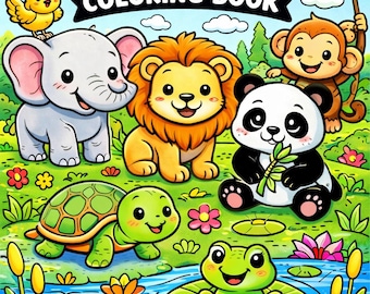 May include: A colorful children's coloring book titled "ANIMAL COLORING BOOK" with illustrations of various animals, including an elephant, lion, panda, turtle, frog, and monkey. The cover features a sunny sky, a butterfly, and crayons.