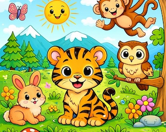 May include: A colorful children's coloring book titled "Animal Coloring Book." The cover features a smiling tiger, monkey, owl, rabbit, frog, and turtle. Butterflies, a sun, and flowers are also present in this vibrant illustration.