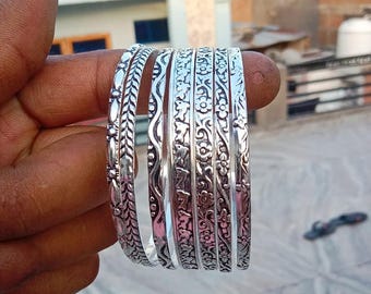 Handmade Sterling Silver Tribal Bangle Set - Ethnic Stackable Bangles