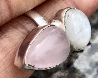 Handmade Sterling Silver Rose Quartz & Moonstone Ring: Boho Statement Jewelry