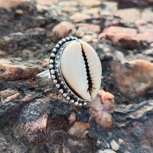Puede incluir: Anillo de plata con una gran concha de cauri de color crema. La concha está engastada en una banda de plata detallada y con cuentas. El anillo se muestra sobre una superficie rocosa texturizada, mostrando la belleza natural de la concha.