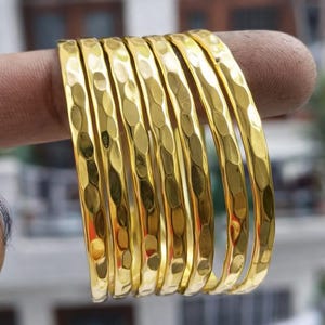 18K Gold Filled Bangles | Hammered Texture, Stackable Set of 7 Gift For Her