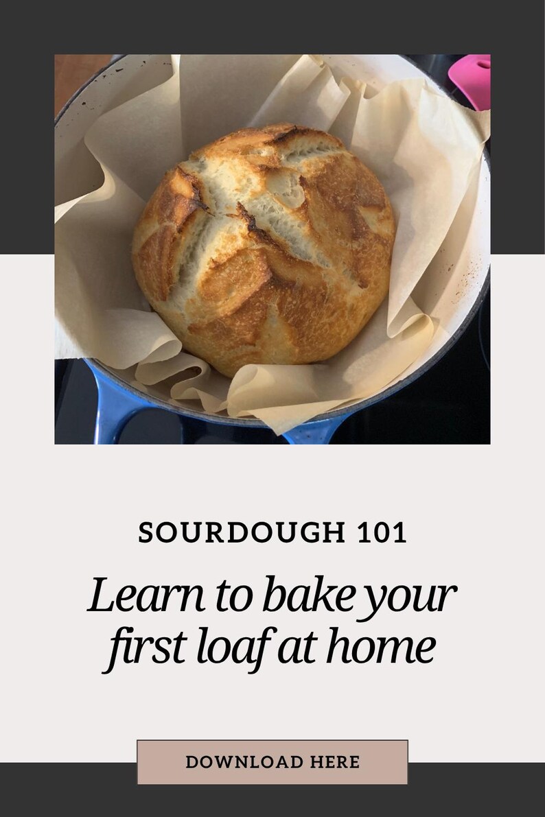 Sourdough baking eBook download with everything you need to start baking from scratch. Includes starter tips, timelines, and simple wholesome recipes using real ingredients.