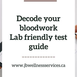 Puede incluir: Una tarjeta de visita con el texto "Decode your bloodwork Lab friendly test guide" en negro. También se muestra el sitio web www.jbwellnessservices.ca.