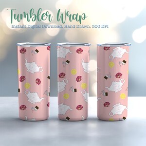 May include: Three pink tumbler wraps featuring a pattern of white teapots, red roses, yellow lemon slices, and small dark squares. The text "Tumbler Wrap" is at the top, with additional text below.