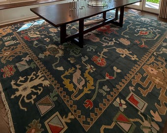 Navy Blue Oushak Rug Hand Knotted Turkish Wool Carpet Modern Colorful Motifs Area Rug, Bright Bold Home Decor 8x10 9x12.
