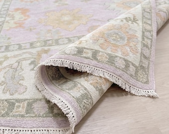 9x12 Pastel Pink Oushak Rug, Ivory Border Hand Knotted Wool Area Rug, Turkish Floral Carpet, Grandmillennial Nursery Deco