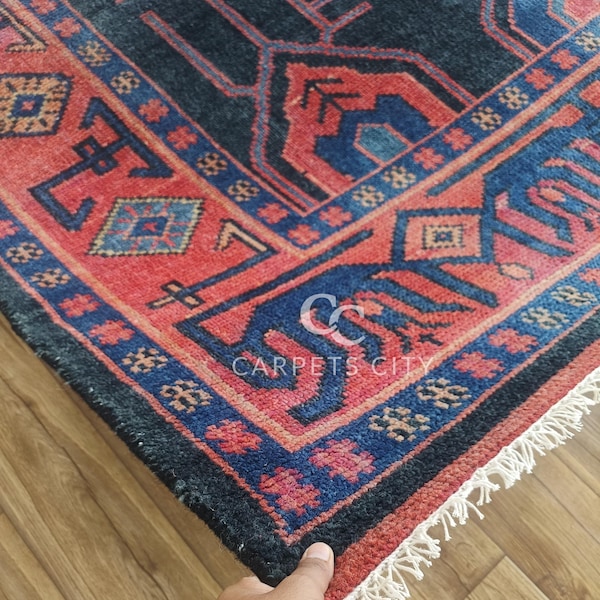 10x14 Afghan rug, Oushak rugs, Hand Knotted rugs, Blue Red Area Rug Vintage Tribal, Oversized Living Room Farmhouse Décor