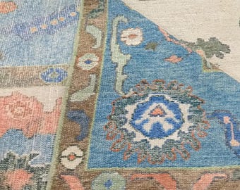 Ivory Blue Oushak Rug Hand Knotted Wool Vintage Turkish Carpet, Floral Pastel Area Rug for Farmhouse or Boho Home Decor
