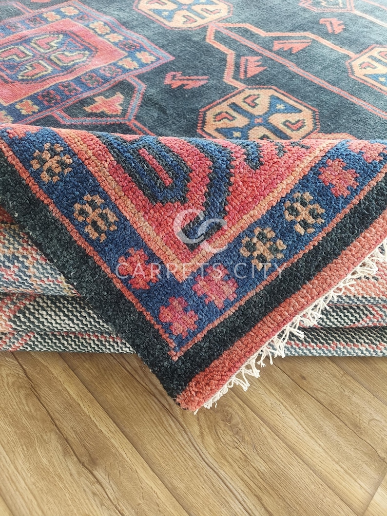 10x14 Afghan rug, Oushak rugs, Hand Knotted rugs, Vintage Tribal Blue Red Area Rug, Oversized Living Room Farmhouse Décor.
