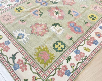 10x14 Sage Green Rug, Pink Oushak Rug Hand Knotted Floral Turkish Wool Carpet Scattered Motifs Cottagecore Farmhouse 9x12 Area Rug Pastel