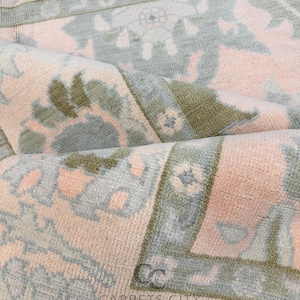 8x10 Pastel Pink Green Oushak Rug – Hand Knotted Turkish Wool Area Carpet, Soft Oriental Floral Design, Farmhouse Living Room Bedroom Decor.