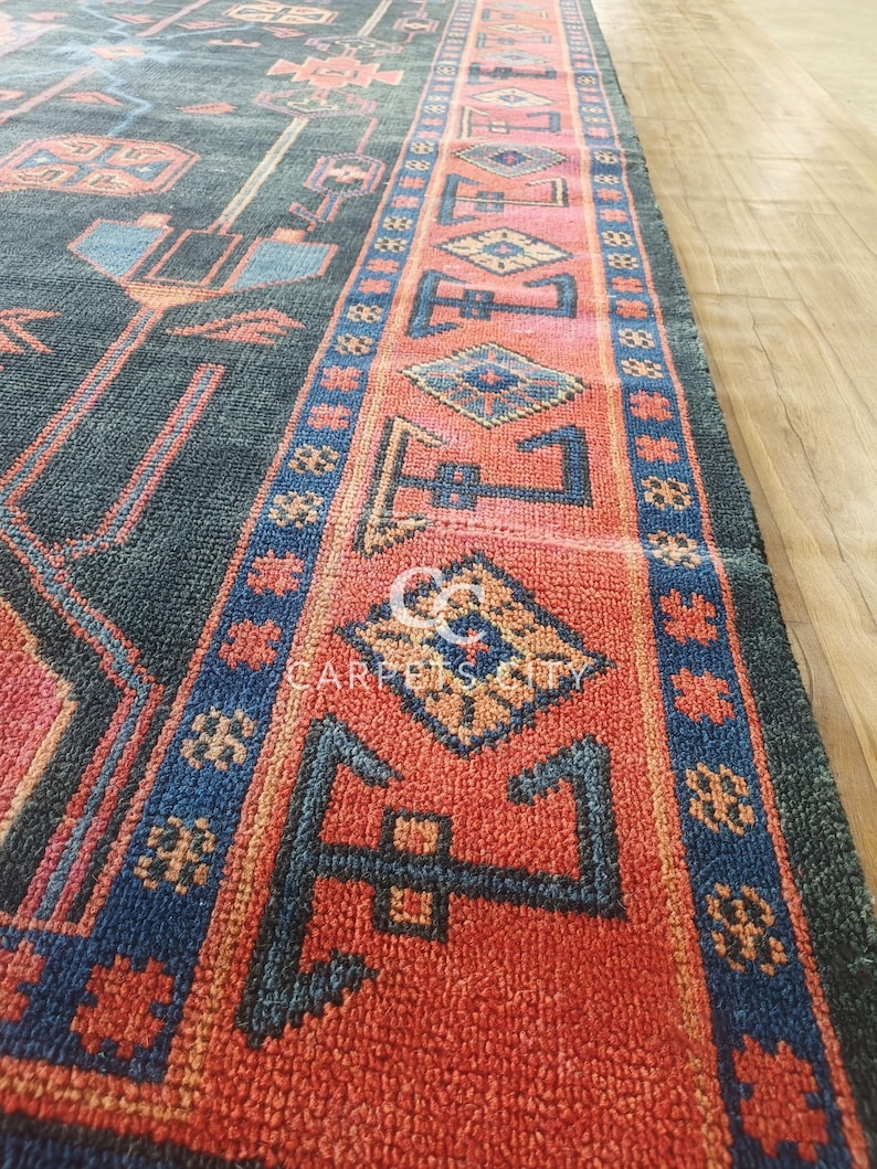 10x14 Afghan rug, Oushak rugs, Hand Knotted rugs, Vintage Tribal Blue Red Area Rug, Oversized Living Room Farmhouse Décor.