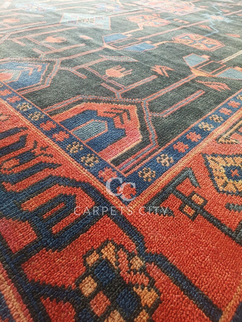 10x14 Afghan rug, Oushak rugs, Hand Knotted rugs, Vintage Tribal Blue Red Area Rug, Oversized Living Room Farmhouse Décor.