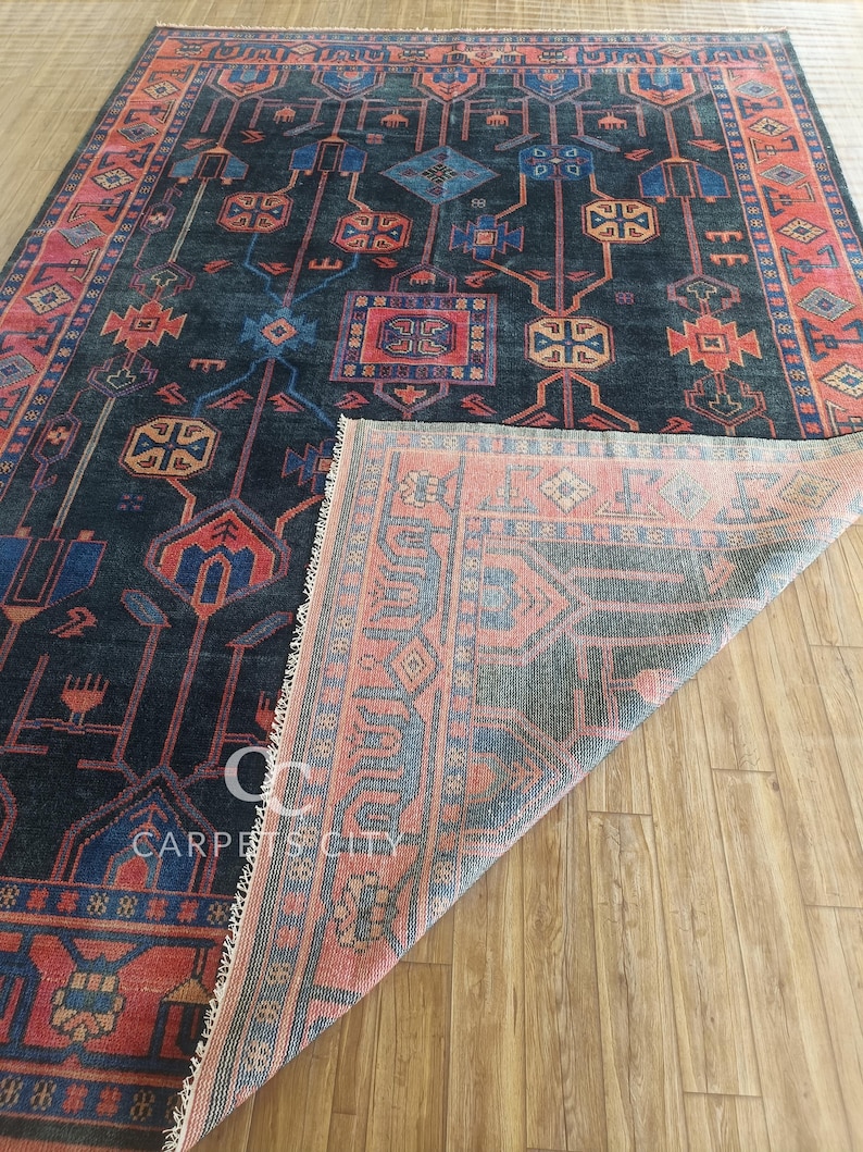 10x14 Afghan rug, Oushak rugs, Hand Knotted rugs, Vintage Tribal Blue Red Area Rug, Oversized Living Room Farmhouse Décor.