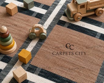 9x12 Modern Plaid Area Rug, Brown and Black Grid Wool Carpet, Mid-Century Modern Windowpane Rug, Handmade Minimalist Decor