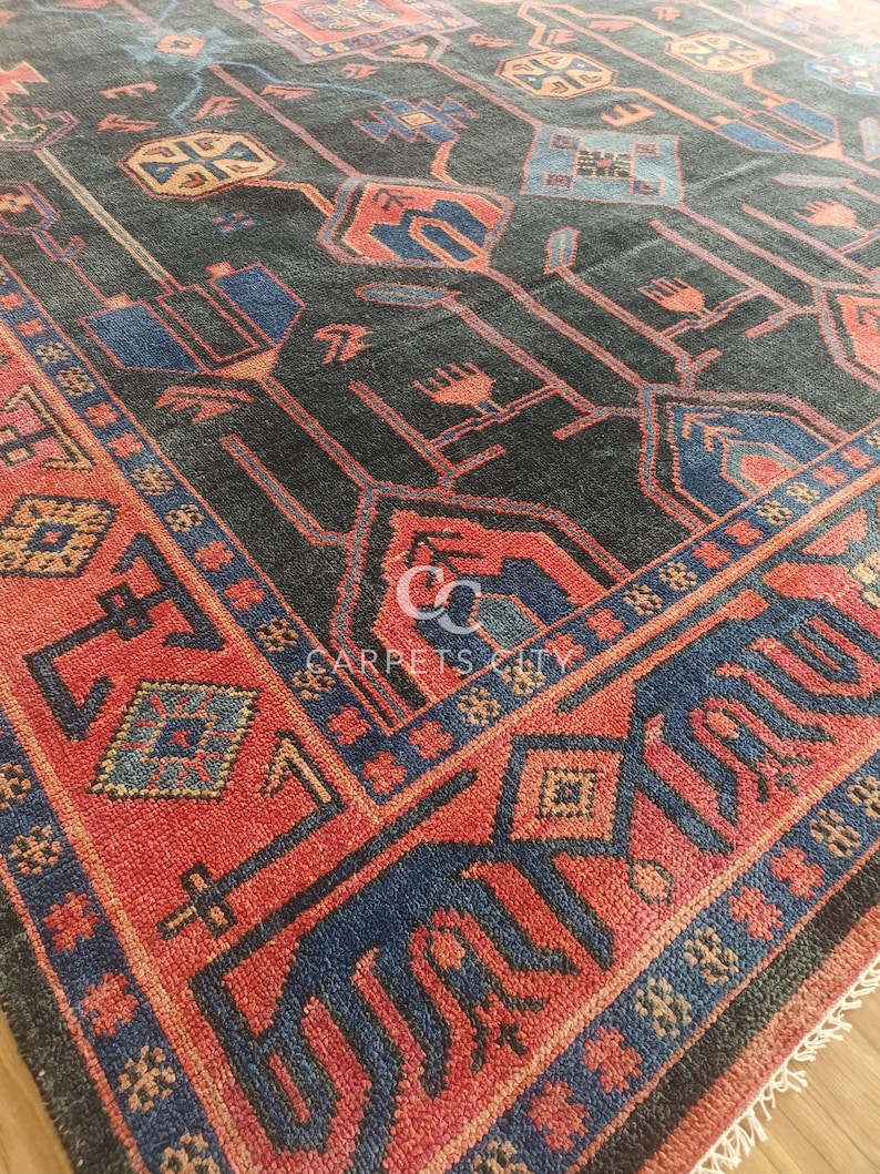 10x14 Afghan rug, Oushak rugs, Hand Knotted rugs, Vintage Tribal Blue Red Area Rug, Oversized Living Room Farmhouse Décor.