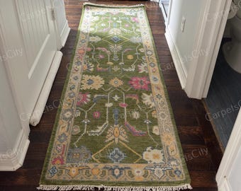 Green Oushak Rug – Hand Knotted Wool Carpet, Colorful Floral Oriental Area Rug, Vintage Inspired Turkish Home Decor Accent