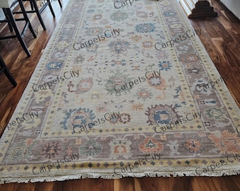 Beige Oushak Rug, 9x12 area rug – Hand Knotted Wool Turkish Carpet with Multicolor Oriental Motifs  Large Living Room Area Rug.