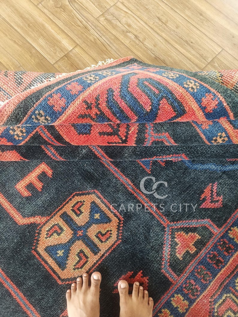 10x14 Afghan rug, Oushak rugs, Hand Knotted rugs, Vintage Tribal Blue Red Area Rug, Oversized Living Room Farmhouse Décor.