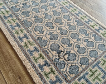 handmade runner rug, 3x12 runner rug – Beige Blue Green Geometric Hallway Carpet with Fringe – Boho Farmhouse Entryway Decor