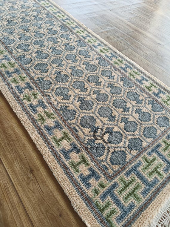 handmade runner rug, 3x12 runner rug – Beige Blue Green Geometric Hallway Carpet with Fringe – Boho Farmhouse Entryway Decor