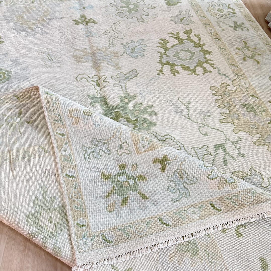 Cream Turkish Rug Cream Oushak Rug Hand Knotted Turkish Wool Carpet Sage Green Rug ...